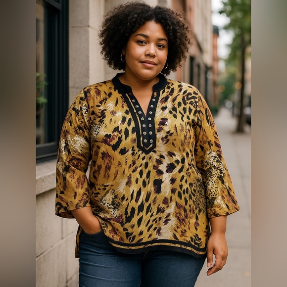 Liz & Me Plus Size 3X Animal Print Tunic with Gold Silver Black Accents Loose - Picture 1 of 8